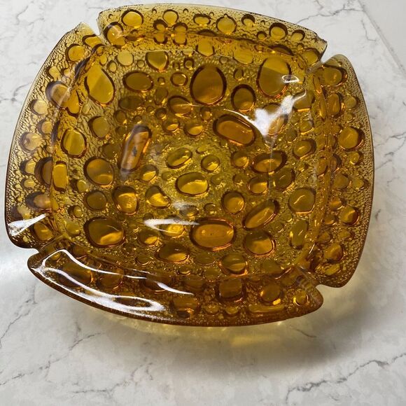 Vintage Libbey Pebble Square Shaped Decorative Amber Glass 4 Slot Ashtray - 8.5" - Picture 8 of 8